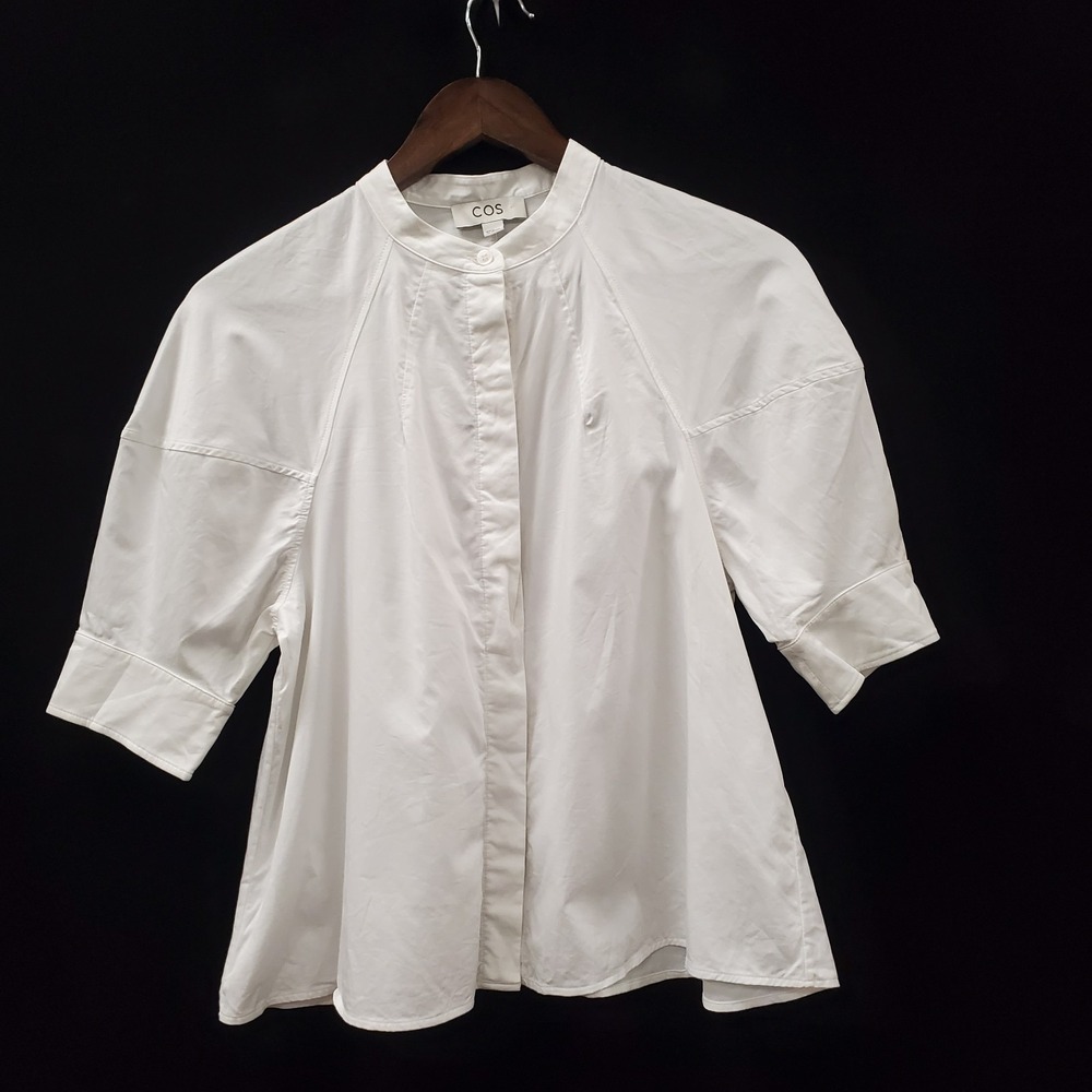 Cos Womens Puff Sleeve Button Up Shirt Size M White Edwardian Modest Career